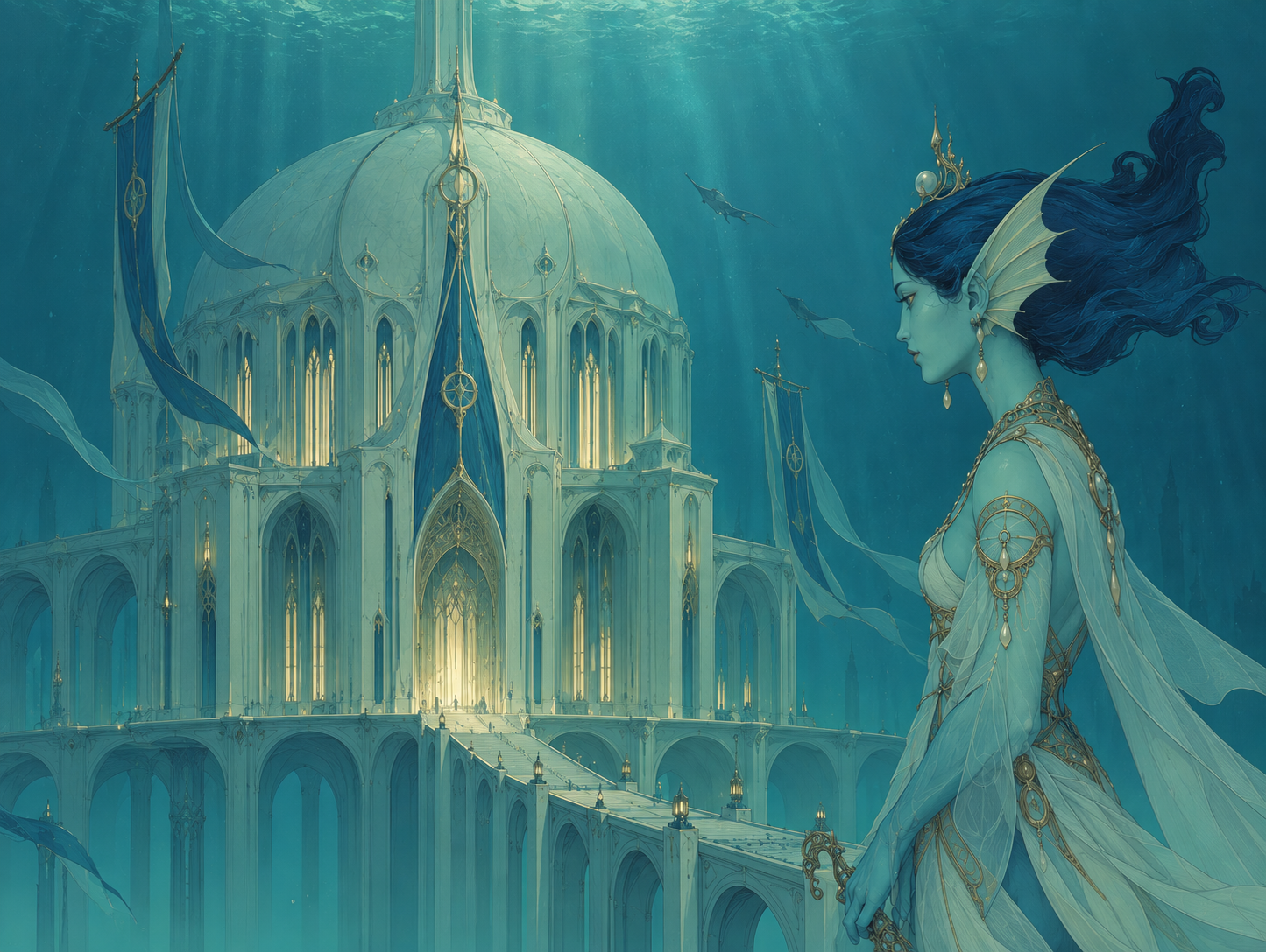 An elegant courtly scene beneath the sea.