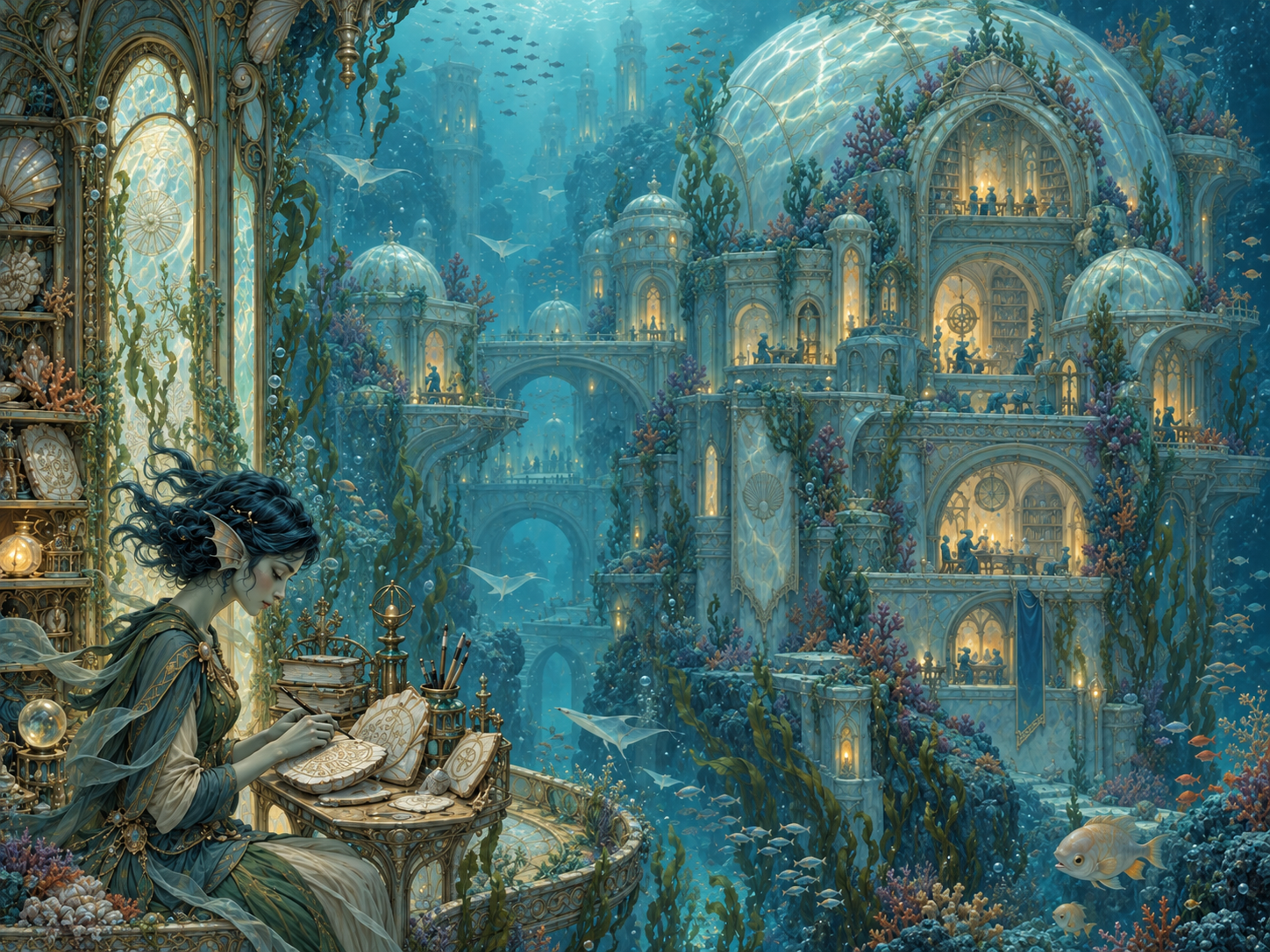 A scribe at work in an ornate undersea interior.